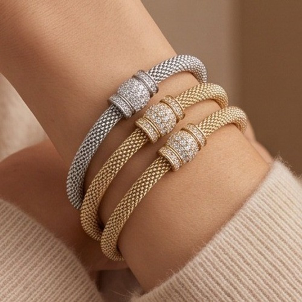 Y2K Mesh Popcorn Chain Stretch Bracelet Crystal Accents Gold Silver Tone Set